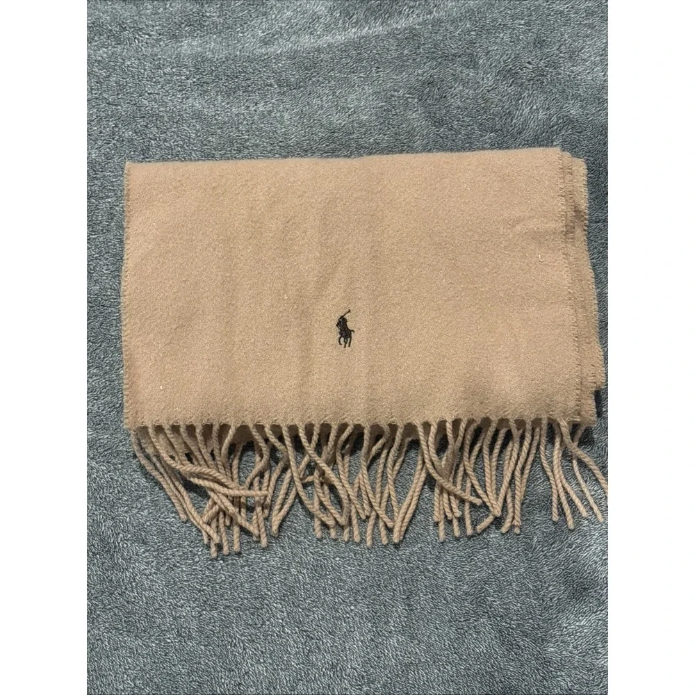 Polo Ralph Lauren Scarf Unisex OS Tan Excellent Lambswool Fringed Pony Logo